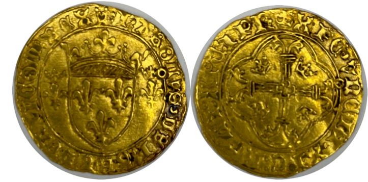 Null 法国--查理七世(1422-1461)

带皇冠的金盾牌（图卢兹

A: 在两朵冠状百合花之间有法国的冠状盾牌

R：十字花科四裂的

条件 : TT&hellip;