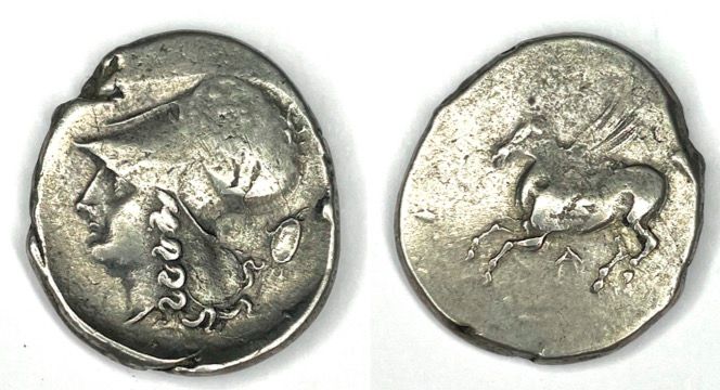 Null Corinthe – (350-306 av J.C)

Un Statère au Pégase

A : Tête d’Athéna à gauc&hellip;