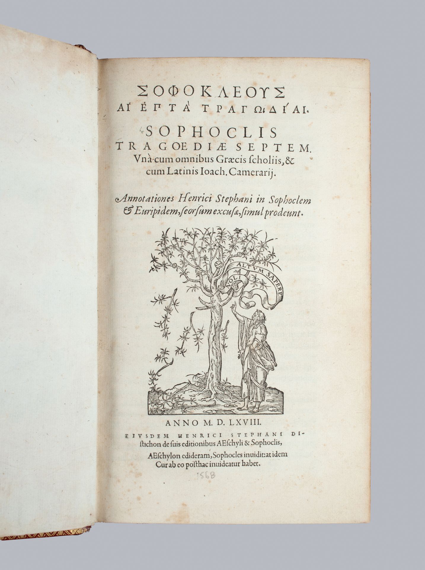 SOPHOCLE. [希腊文和拉丁文]：Tragoediae septem。S.L.日内瓦]，亨利二世-埃斯蒂安，1568年。两部分合为一卷，四开本，红色摩洛哥&hellip;