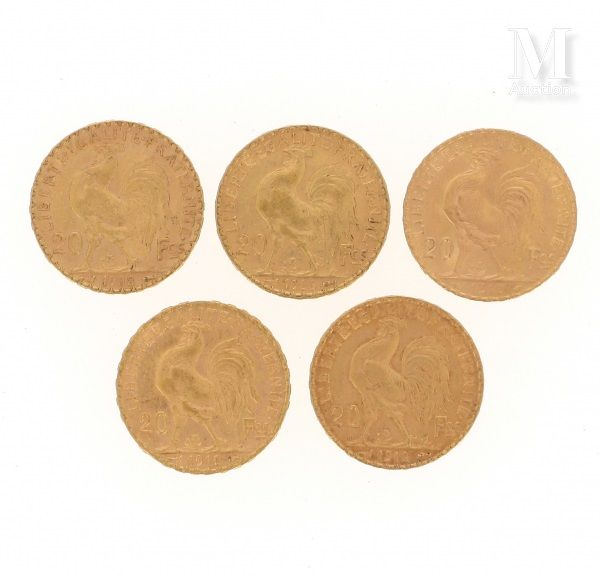 Cinq pièces 20 FF or Cinq pièces en or de 20 FF Coq

1906, 1908, 2 x 1910, 1912