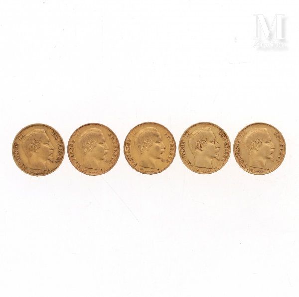 Cinq pièces 20 FF or Cinq pièces en or de 20 FF Napoléon III tête nue

1856 A, 2&hellip;