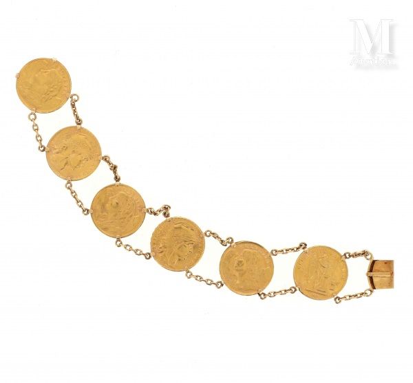 Bracelets pièces 20 francs or Bracelet en or jaune 18 K (750 °/°°), serti de six&hellip;