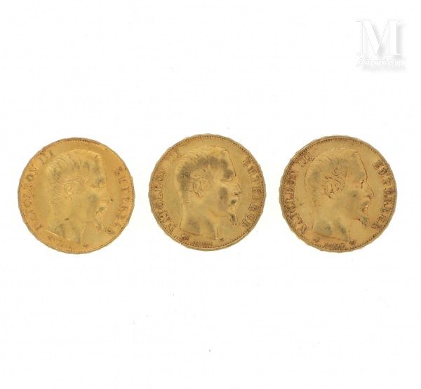 Trois pièces 20 FF or Trois pièces en or de 20 FF Napoléon III tête nue 

1856 A&hellip;
