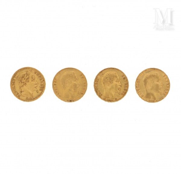 Quatre pièces 20 FF or Quatre pièces en or de 20 FF Napoléon III :

- 1 x 20 FF &hellip;