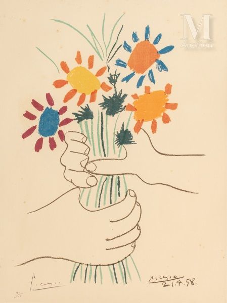 D' après Pablo PICASSO (1881-1973) Mains aux fleurs

Lithographie en couleurs 

&hellip;
