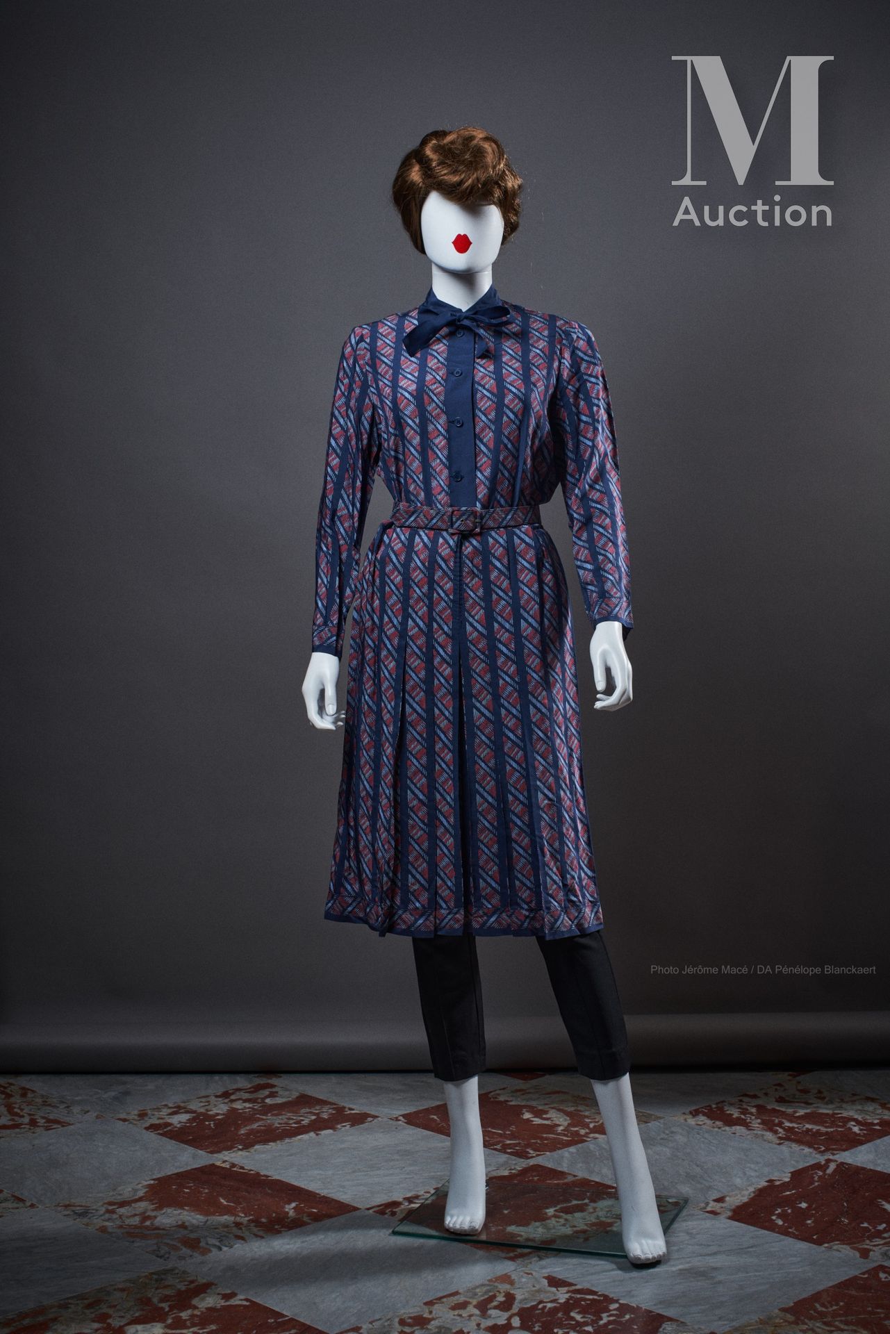 LANVIN - 1970's Dress 

in printed crepe with blue and red geometric decoration,&hellip;