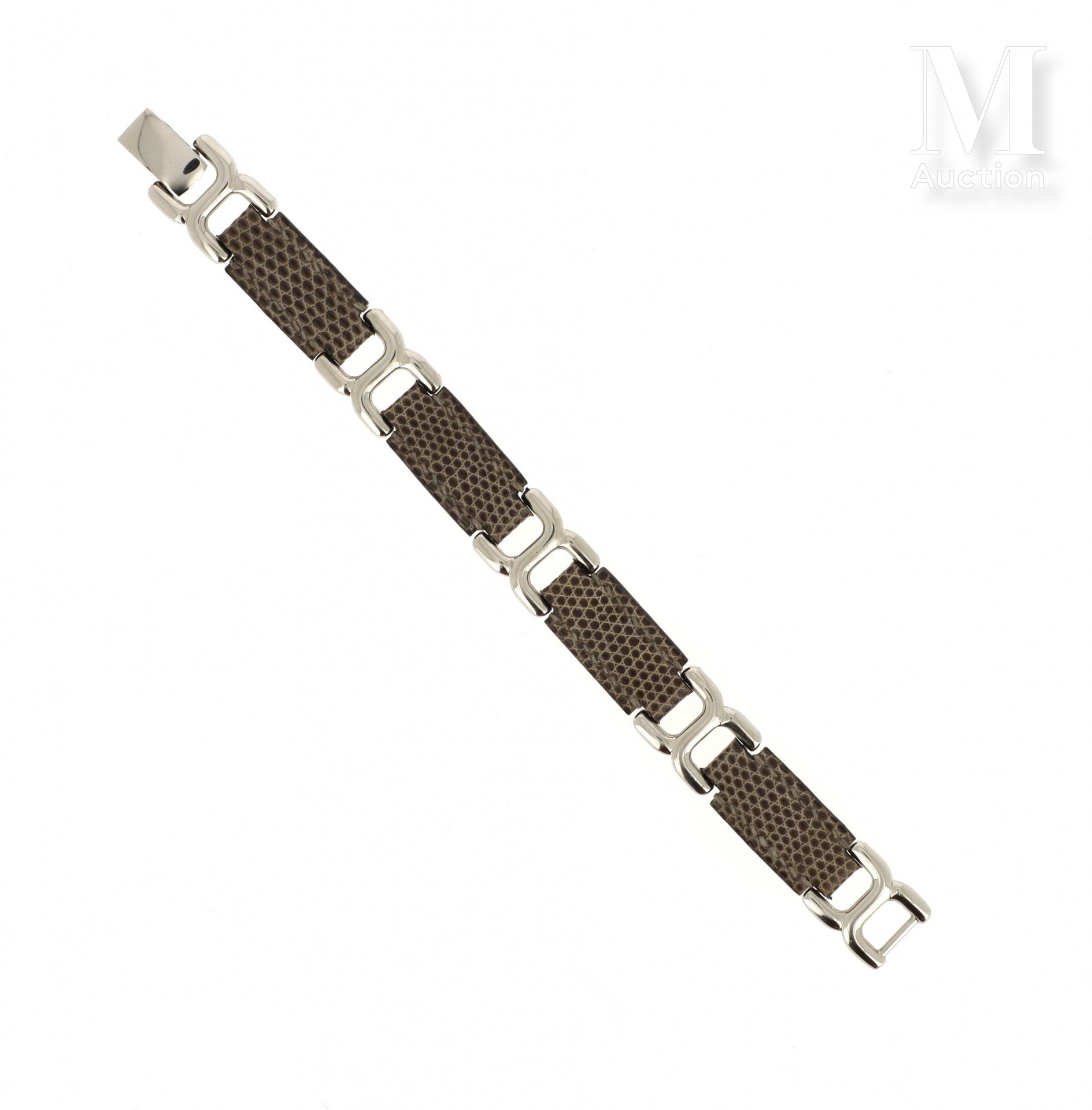 HERMÈS - 1998 手链 "Beauvau

灰褐色蜥蜴和镀银金属铰接而成

长度：18.5厘米