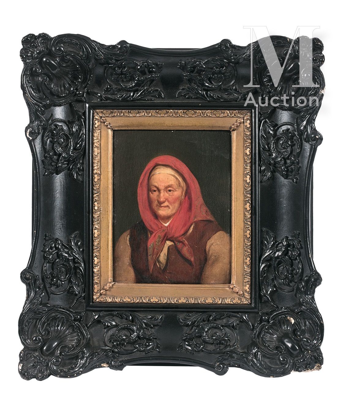 Ecole russe du XIXe siecle. 
Porträt einer älteren Frau mit rotem Kopftuch.




&hellip;