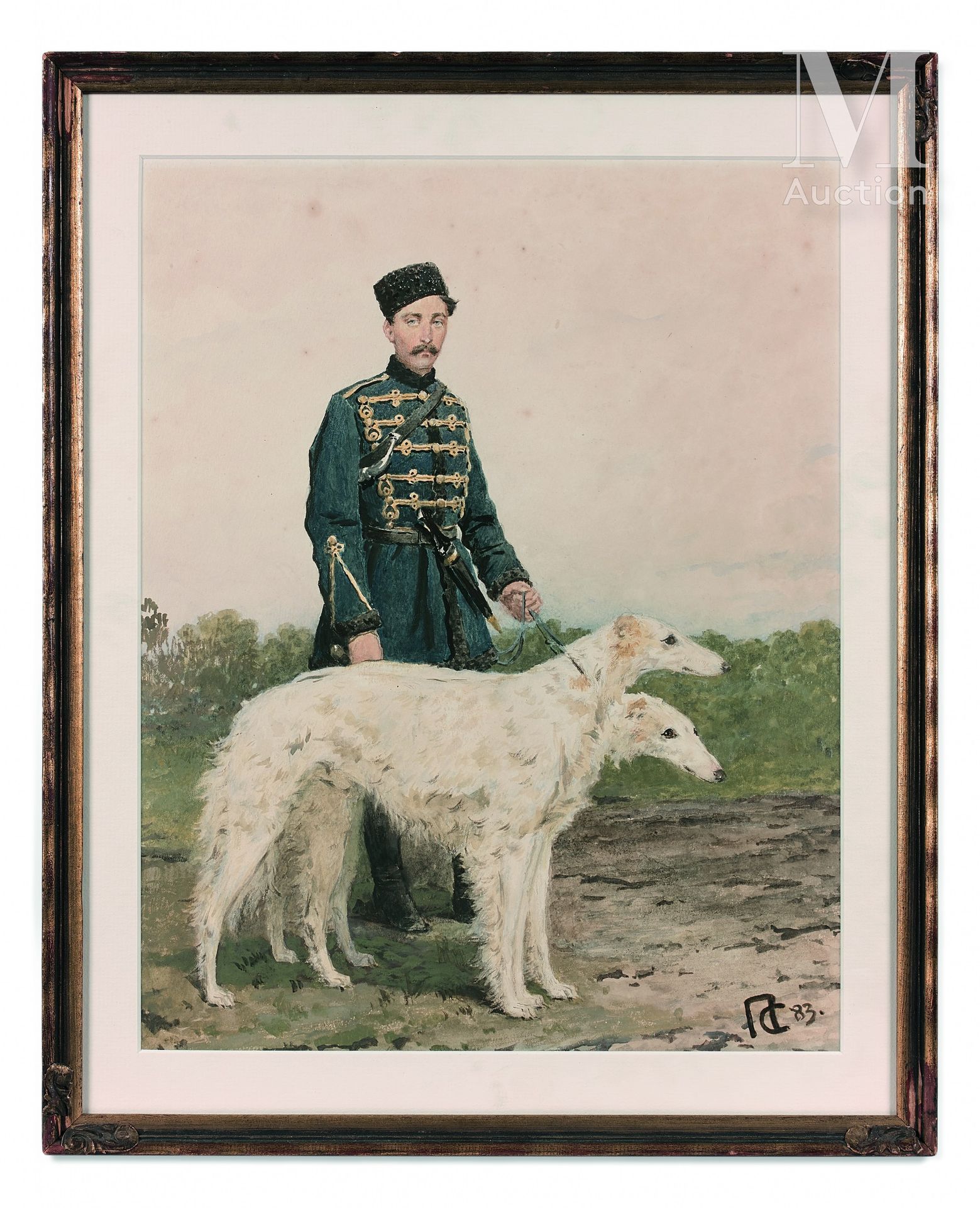 Petr Petrovich SOKOLOV (1821-1899). 
猎人和他的两个巴索伊》（1883）。




纸上水彩画，右下方有图案和日期。有框。 &hellip;