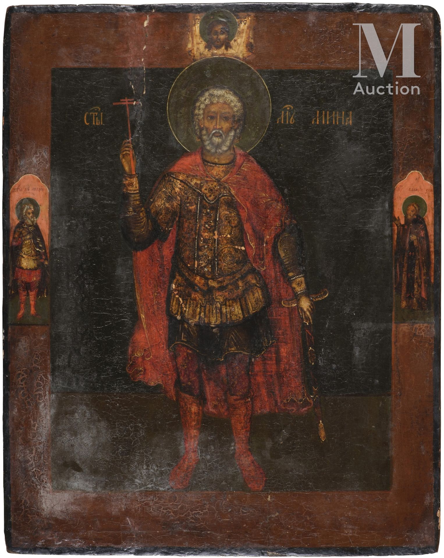 Icône du Saint martyr 
米娜在圣安德鲁和圣扎卡里亚斯身旁。 

木头上的淡彩画和木头上的金子。

俄罗斯，19世纪。 

H.51.5 x&hellip;