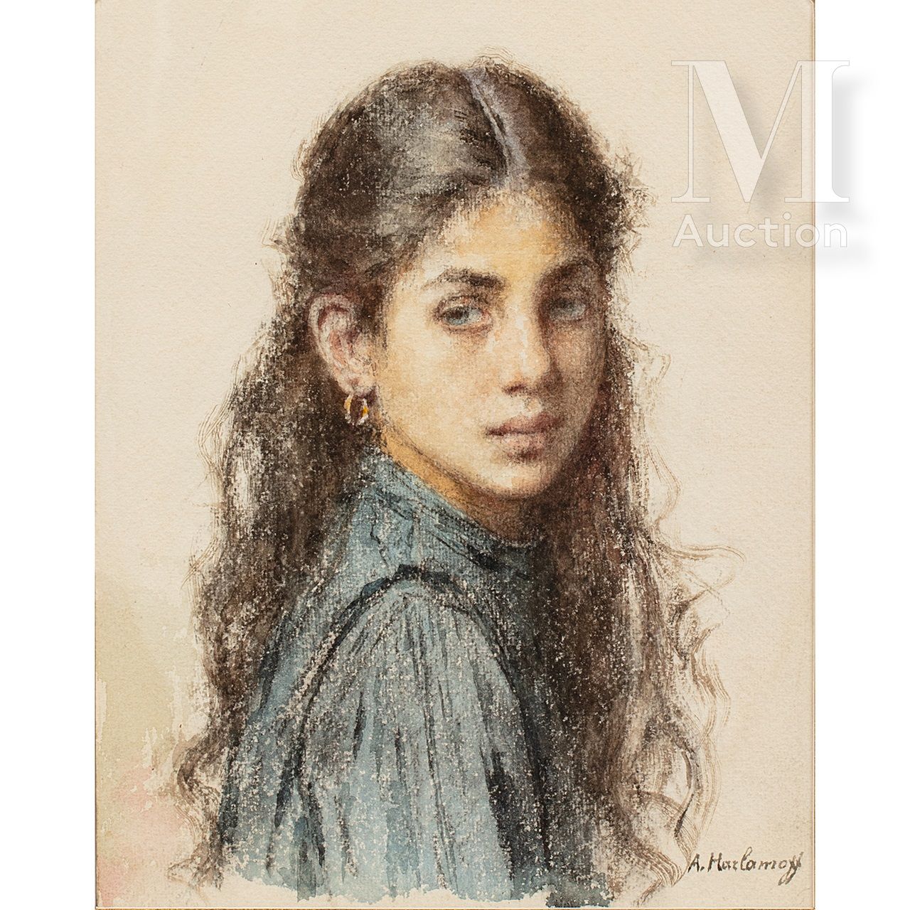Alexei Alexeievich HARLAMOFF (1840-1925). 
一个年轻女孩的画像。 




纸上水彩画，右下角签名。




装在一个&hellip;