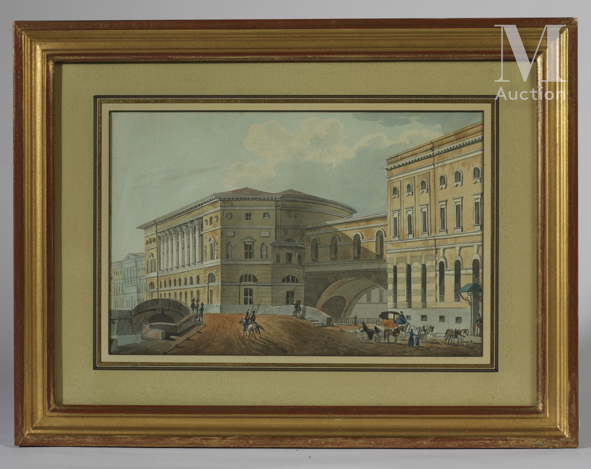 *Carl KOLLMANN (1786/88-1847). 圣彼得堡冬运河上的冬宫剧院和拱门的景色。

纸上水彩画，右下角署名 "C.科尔曼"。有框。

H.&hellip;