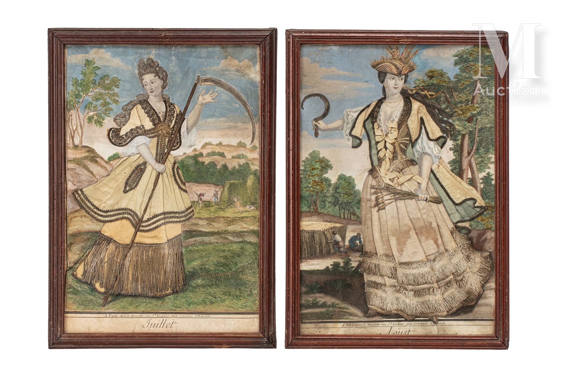 Rare paire de gravures rehaussées 并用丝绸和银线刺绣，以七月和八月的寓言人物为主题，名为 "Juillet "和 "Aoust&hellip;