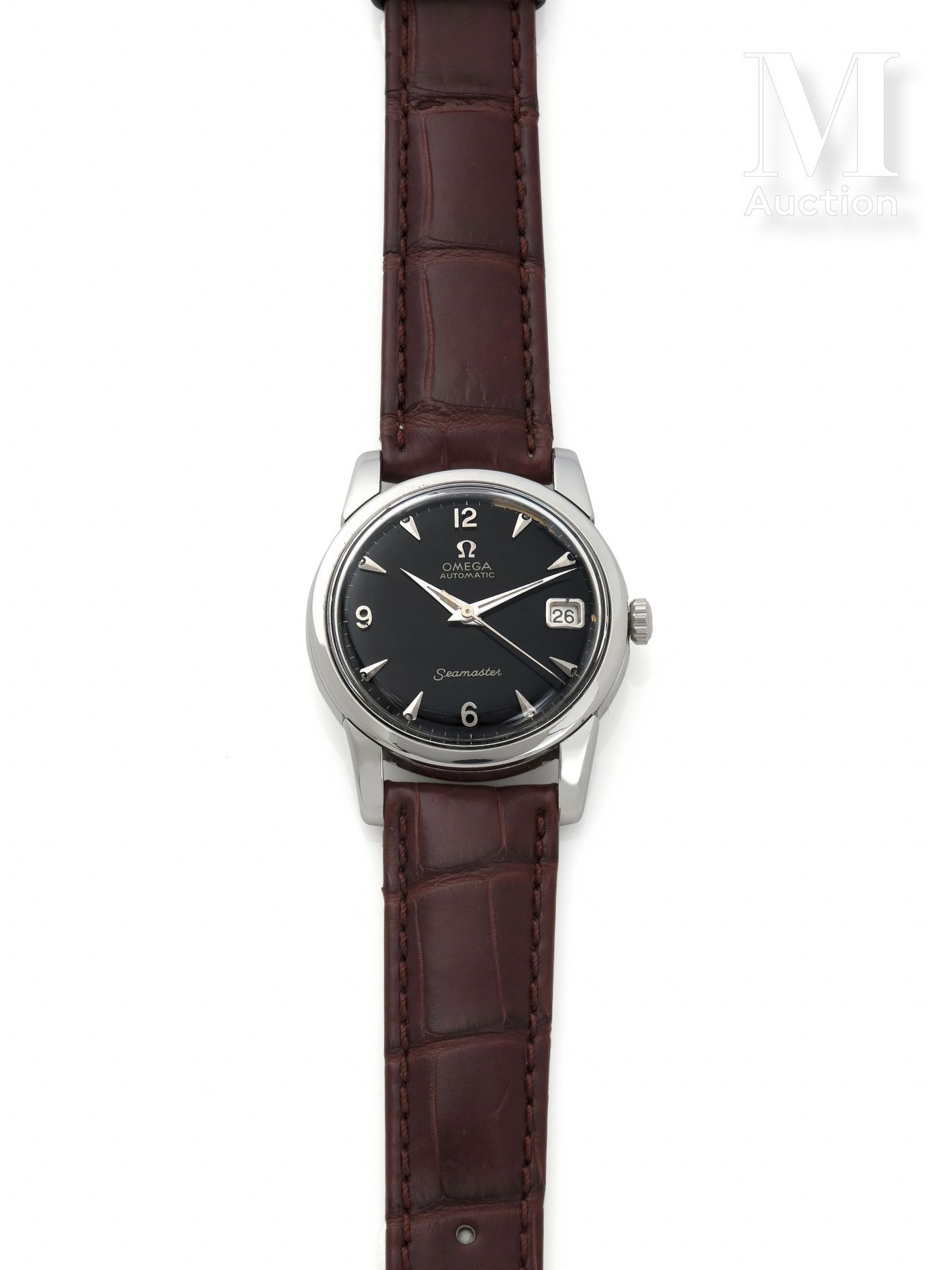 OMEGA 海马

约1958年

编号：2849 6SC

精钢男士手表。

黑色表盘，指挥棒式时标和阿拉伯数字。日期在三点钟方向（红色日期在奇数，黑色日期在&hellip;