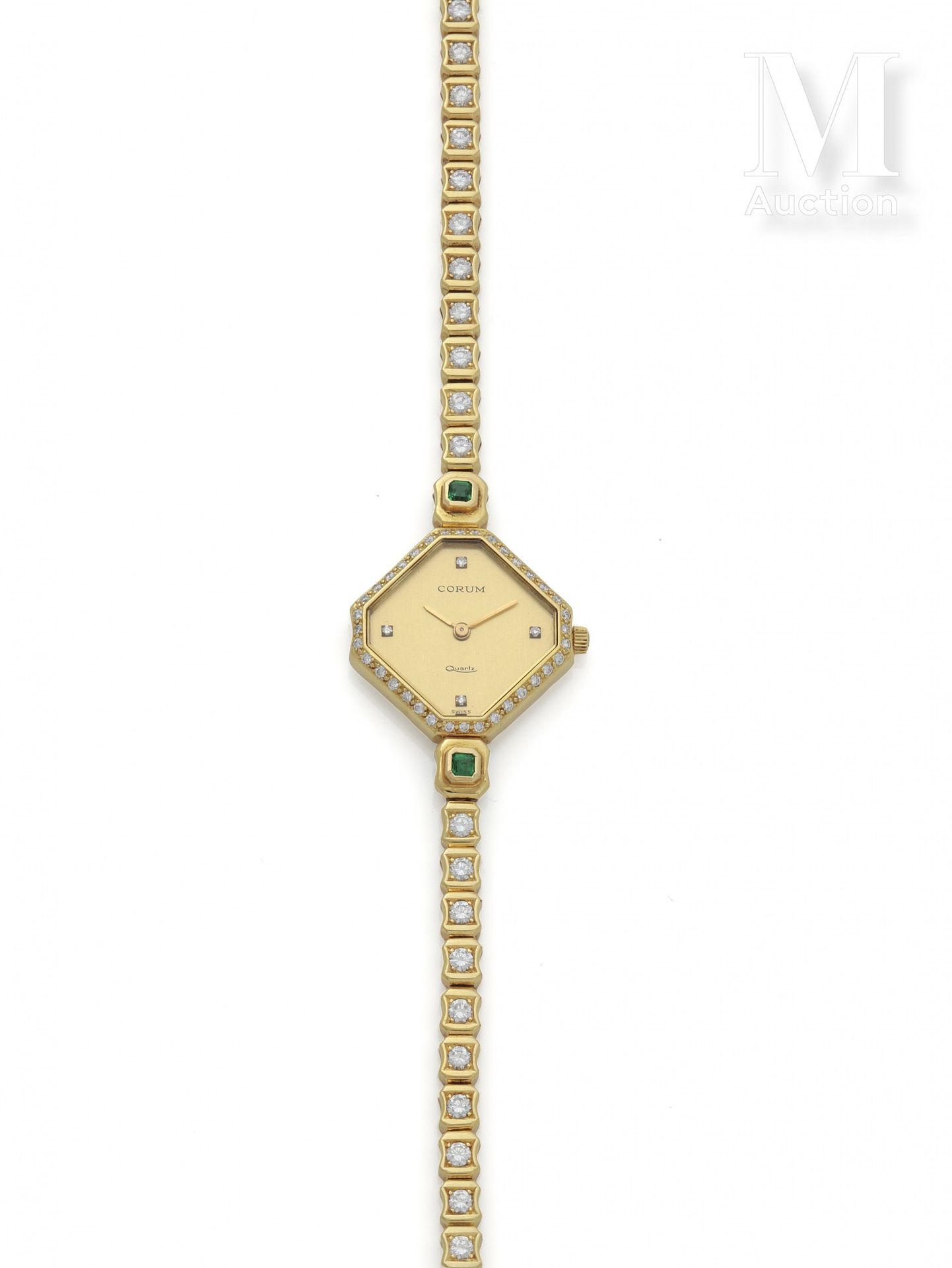 CORUM pour MELLERIO 女式手表

约1970年

签名的18K金表壳

石英机芯

尺寸：21x21mm

18K金手镯，镶嵌钻石和两颗封闭式&hellip;