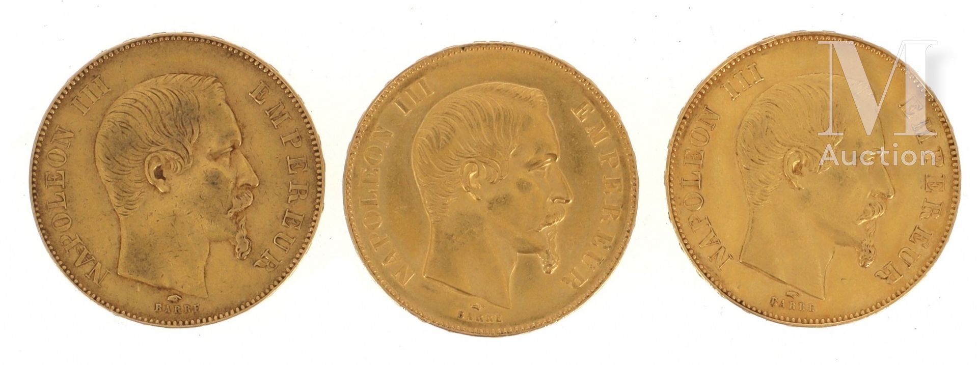 Trois pièces 50 FF or Trois pièces en or de 50 FF Napoléon III tête nue

1855 A,&hellip;