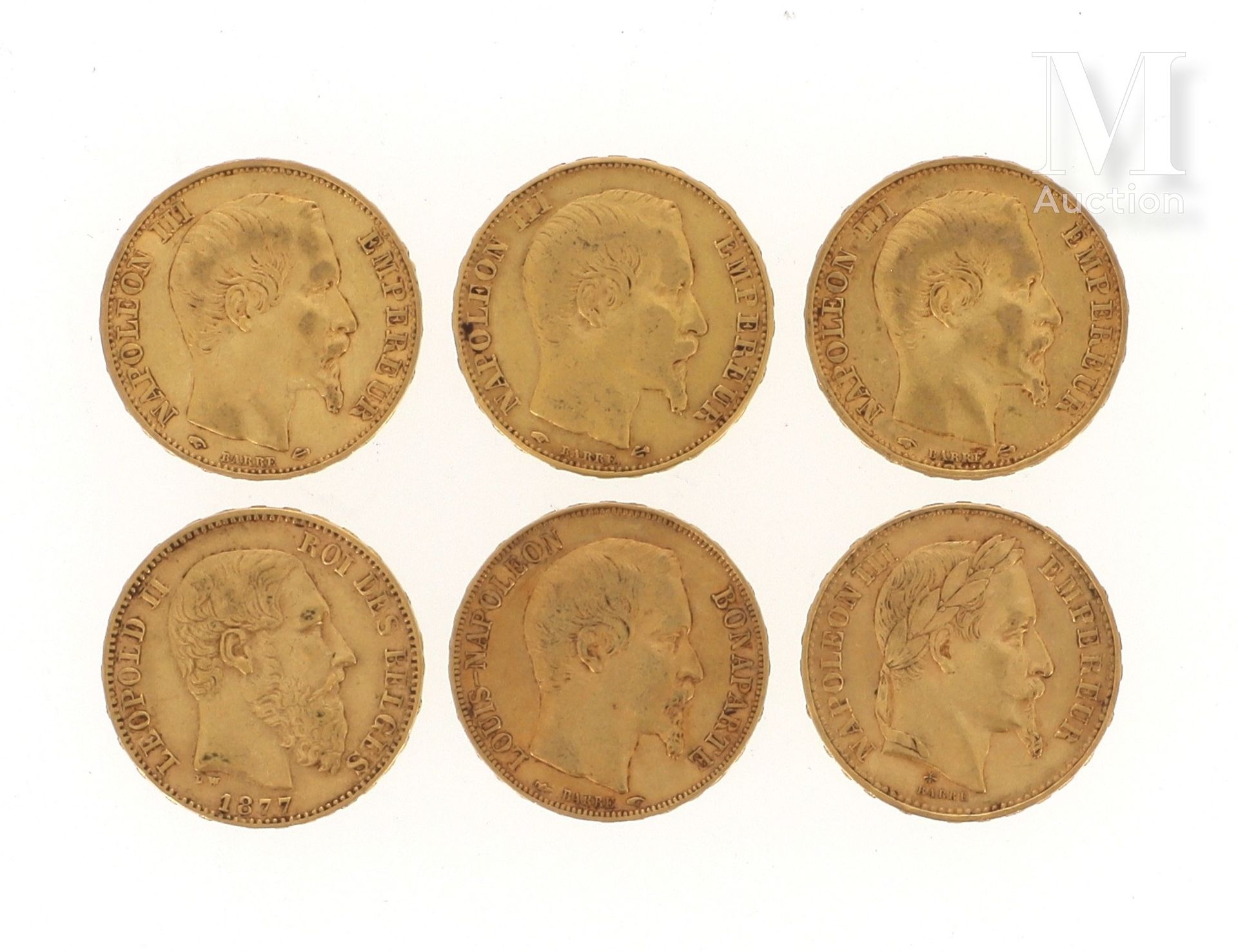 Six pièces 20 FF or Six pièces en or de 20 FF :

- 4 x 20 FF Napoléon III tête n&hellip;