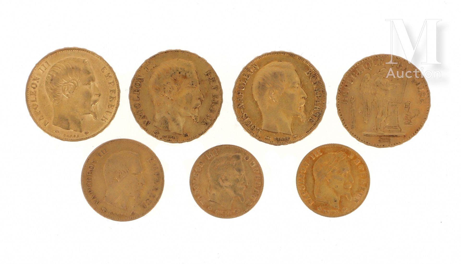 Sept pièces en or Sept pièces or : 

- 3 x 20 FF Napoléon III tête nue (1857 A, &hellip;