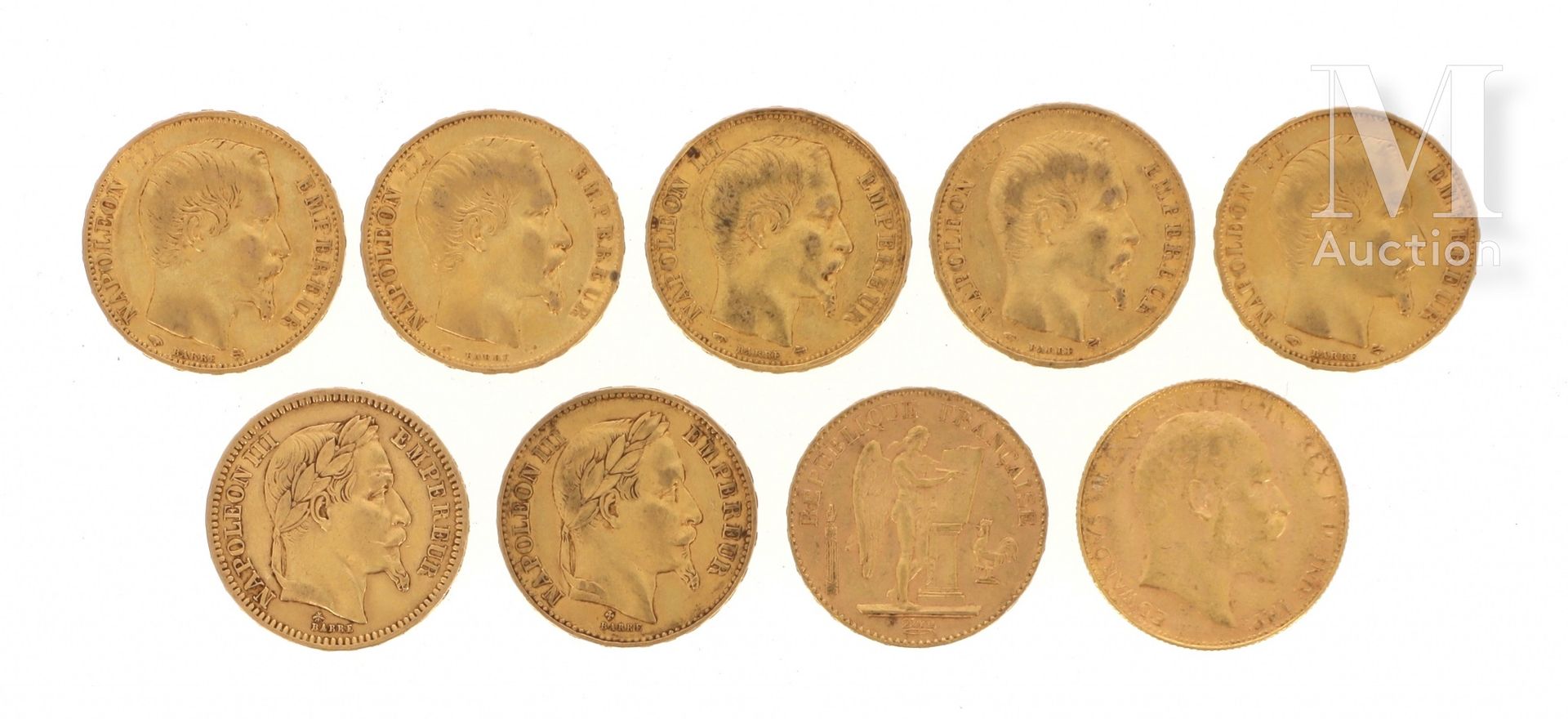 Neuf pièces or Neuf pièces en or :

- 5 x 20 FF Napoléon III tête nue (1856 A, 1&hellip;
