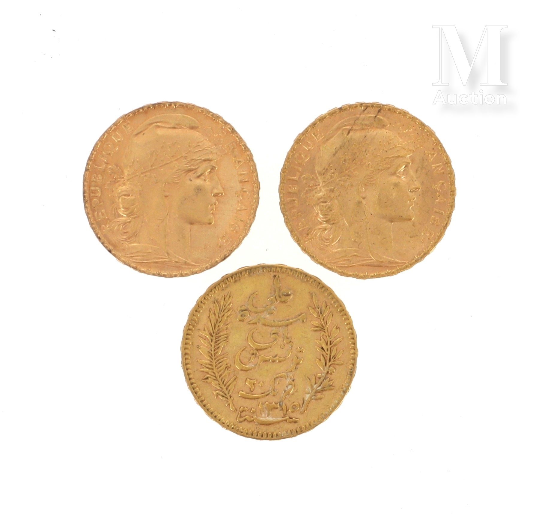 Trois pièces 20 FF or Trois pièces en or de 20 FF :

- 2 x 20 FF Coq 1908 et 191&hellip;