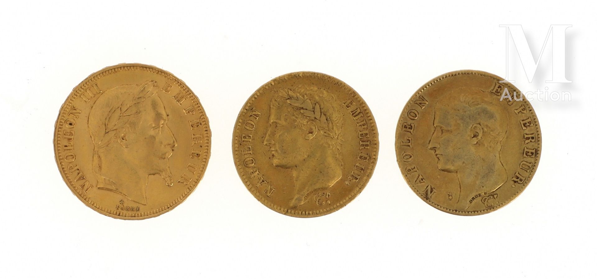 Trois pièces en or Trois pièces en or :

- 1 x 50 FF Napoléon III lauré 1866 BB
&hellip;