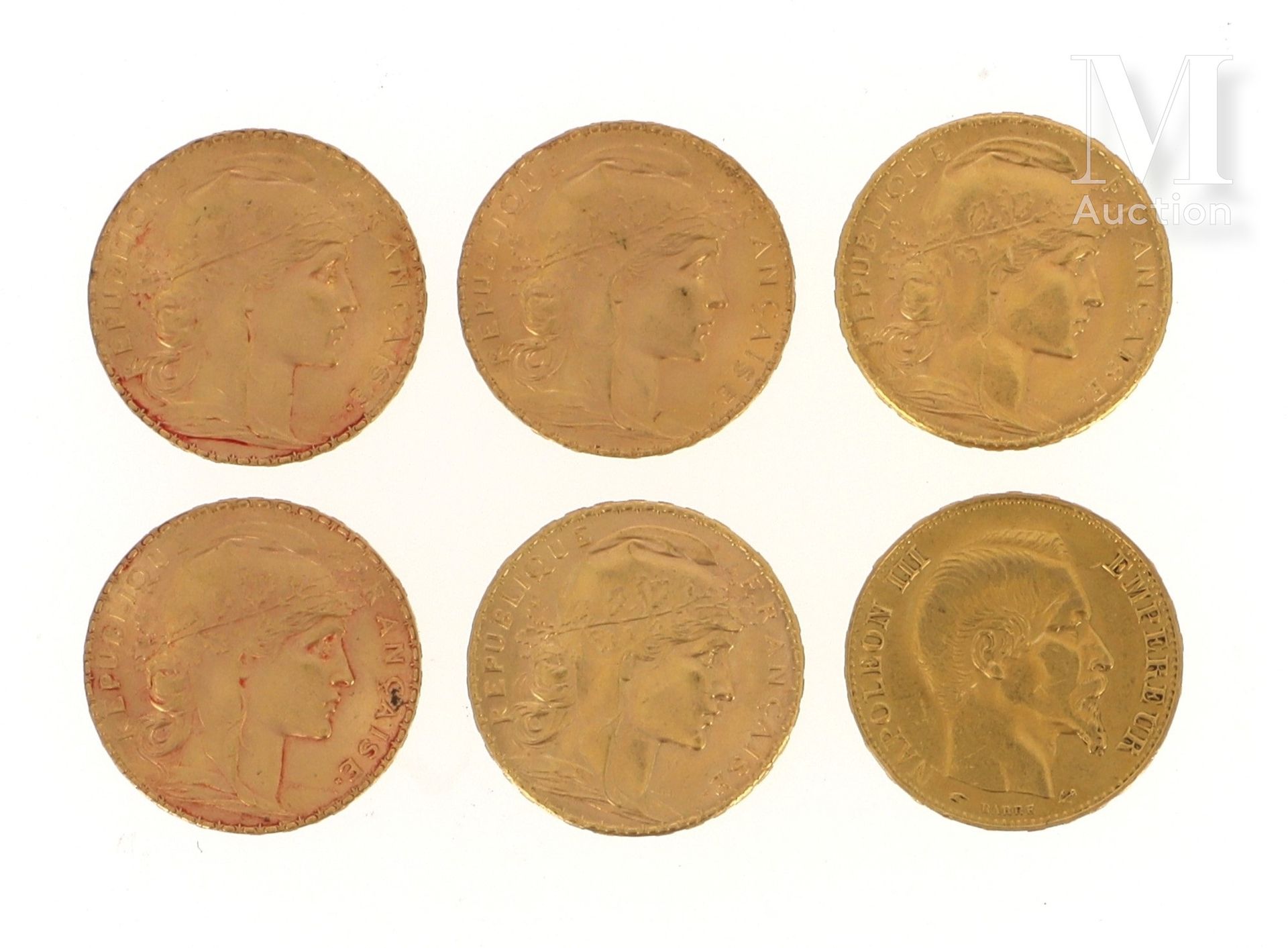 Six pièces 20 FF or Six pièces en or de 20 FF : 

- 5 x 20 FF Coq (3 x 1908, 2 x&hellip;