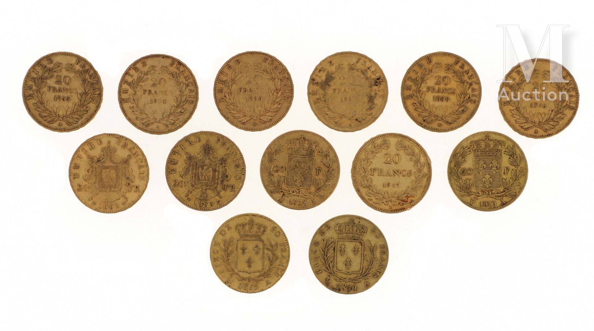 13 pièces 20 FF or 13 pièces en or de 20 FF :

- 3 x 20 FF Louis XVIII (1814 A, &hellip;