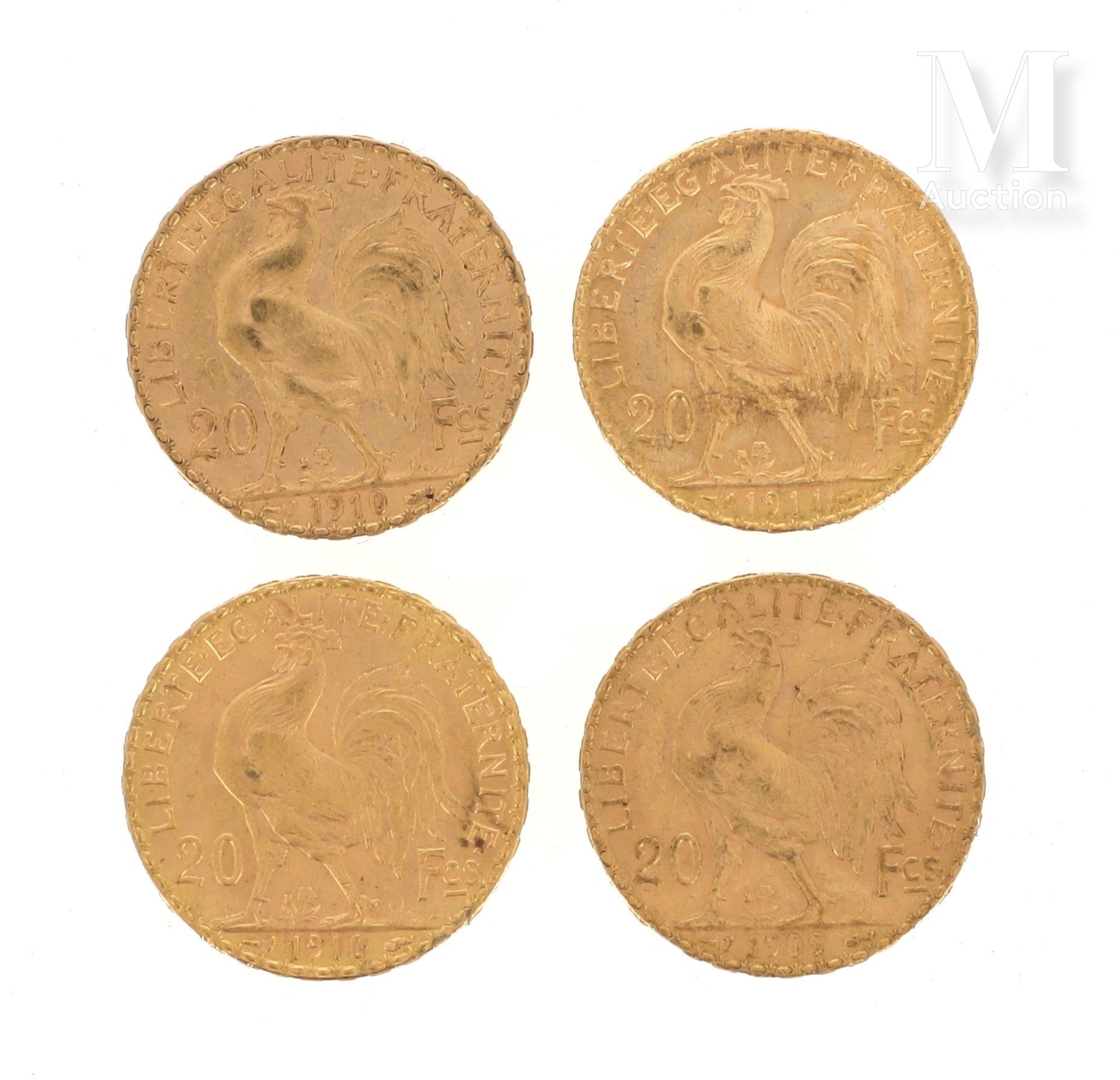 Quatre pièces 20 FF or Quatre pièces en or de 20 FF Coq

1909, 2 x 1910, 1911