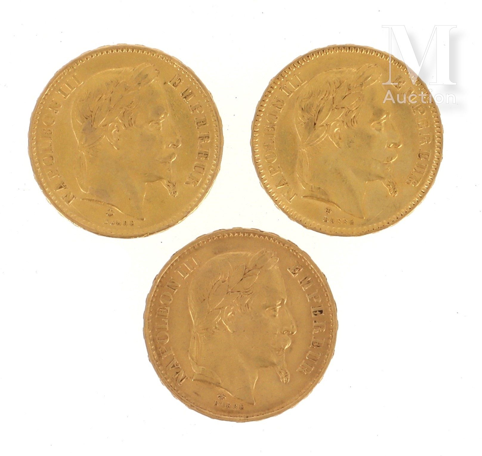 Trois pièces 20 FF or Trois pièces en or de 20 FF Napoléon III lauré

1865 BB, 1&hellip;