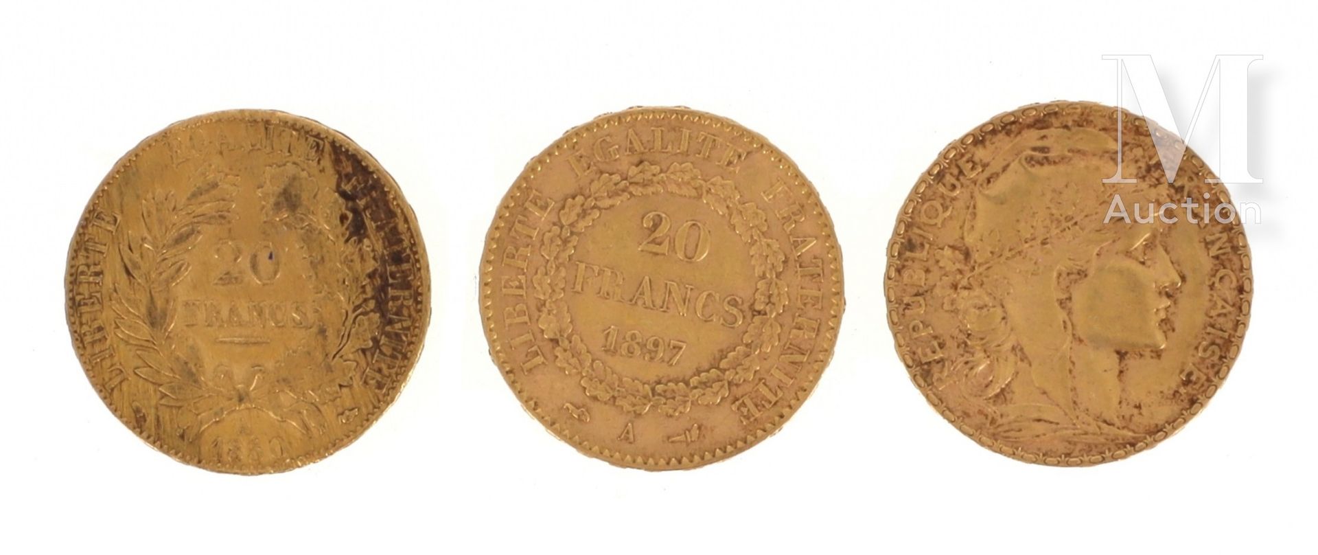 Trois pièces 20 FF or Trois pièces en or de 20 FF :

- 1 x 20 FF Cérès 1850 A

-&hellip;