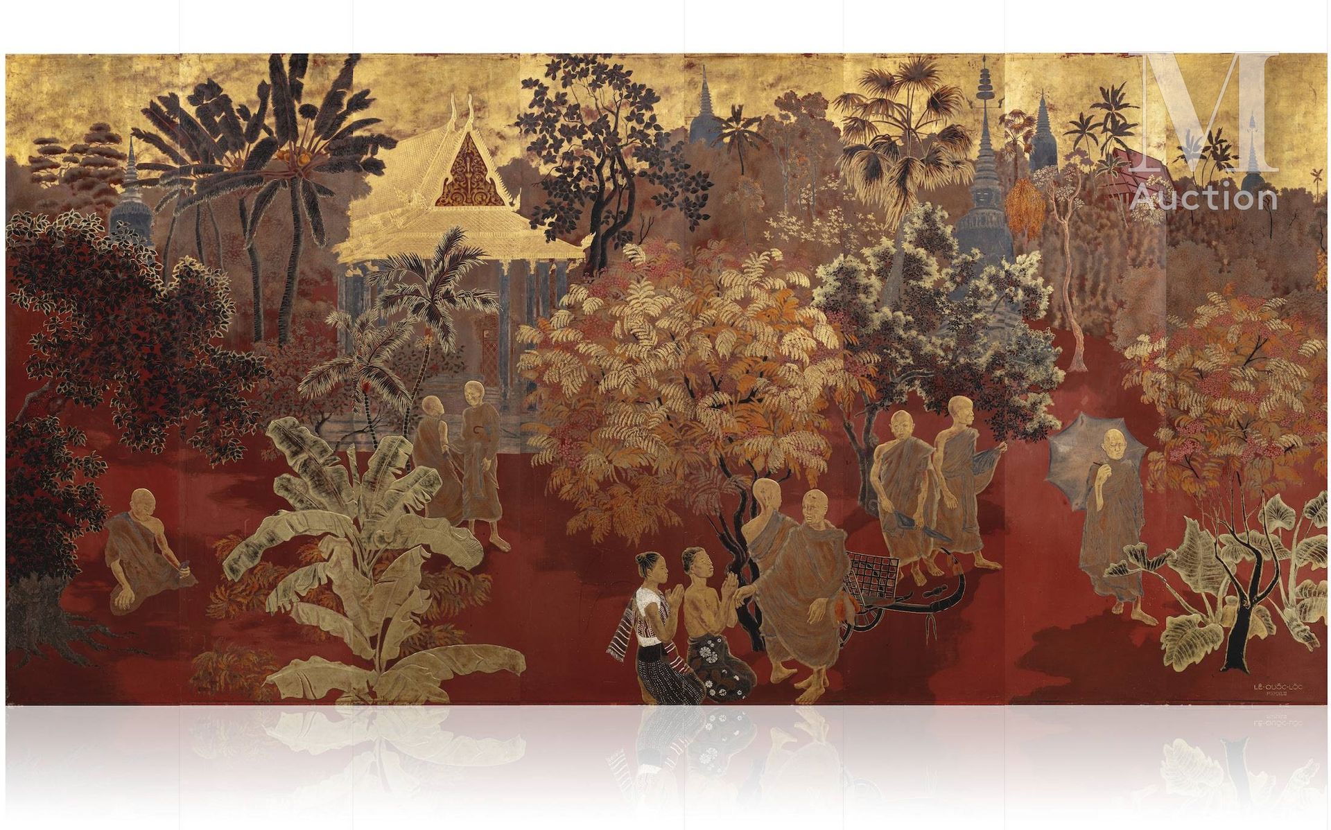 LE QUOC LOC (1918-1987), Paysage de PHNOM PENH, 1943 Gran biombo de madera de oc&hellip;