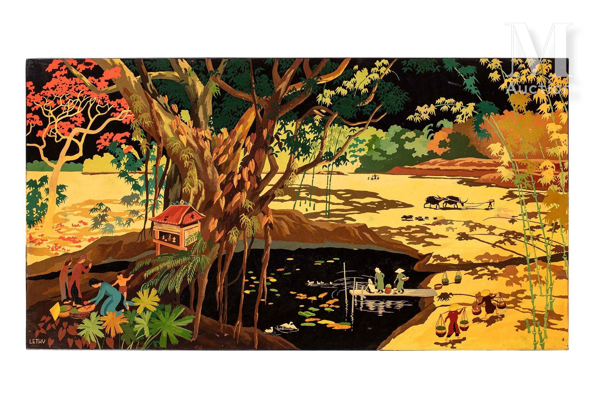 LE THY (1919-1961), Village animé Lacquered wood panel

Signed lower left

65 x &hellip;