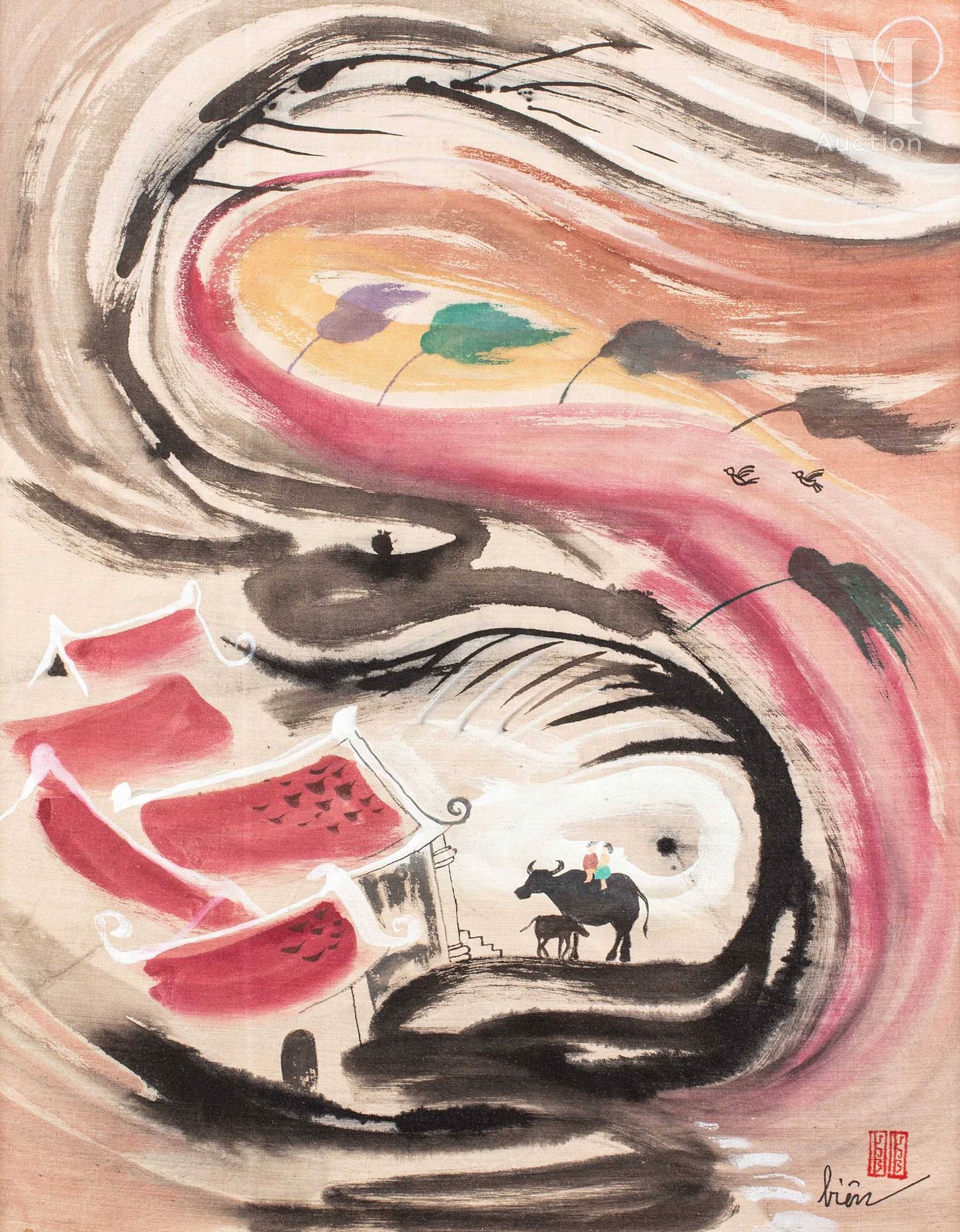 VUONG DUY BIEN (né en 1958), Enfants sur un buffle d'eau Inchiostro e colori su &hellip;