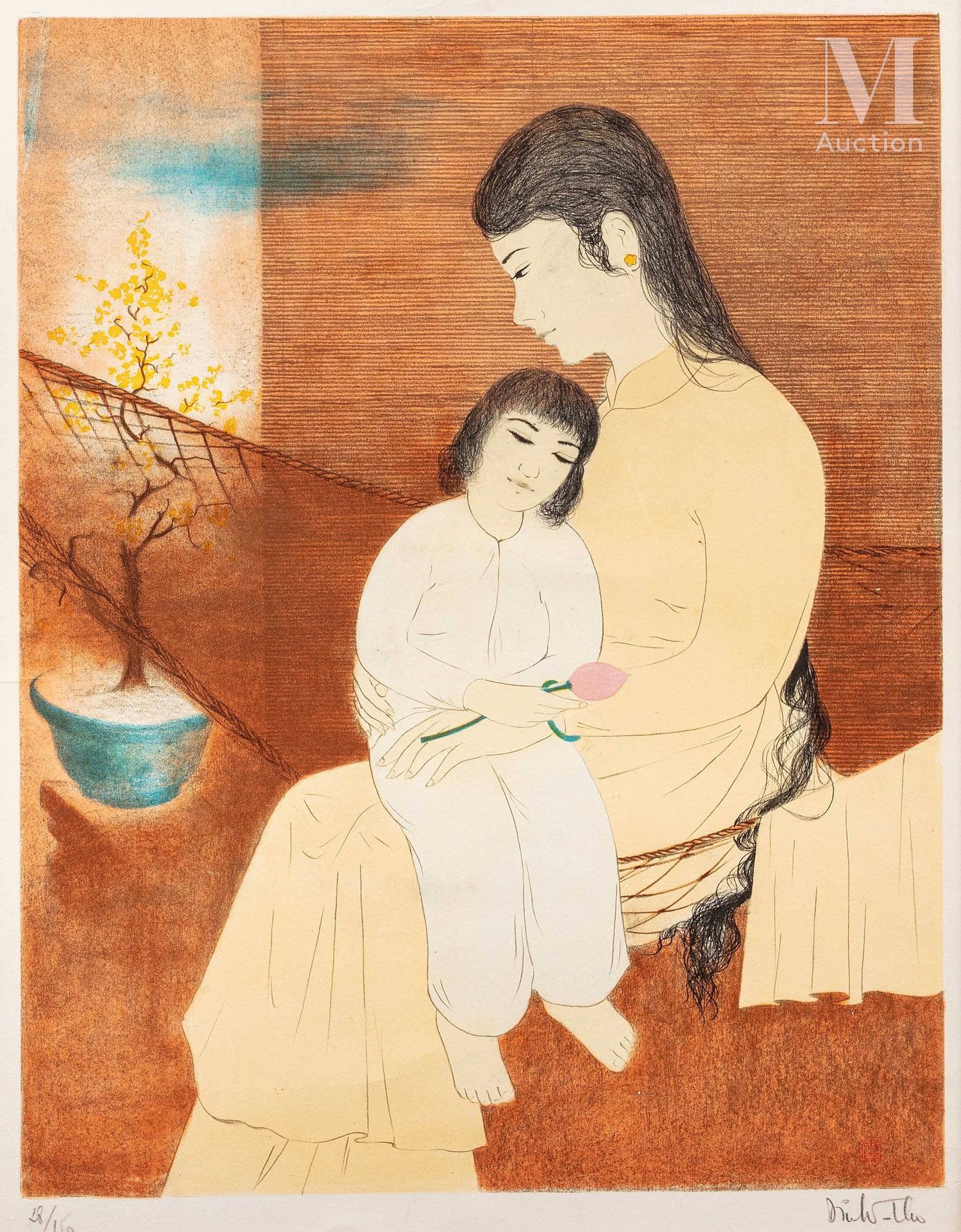 DINH THO (né en 1931), Maternité 彩色石版画

右下方有签名，左侧有编号28/150

66.5 x 51.7厘米（板）。

7&hellip;