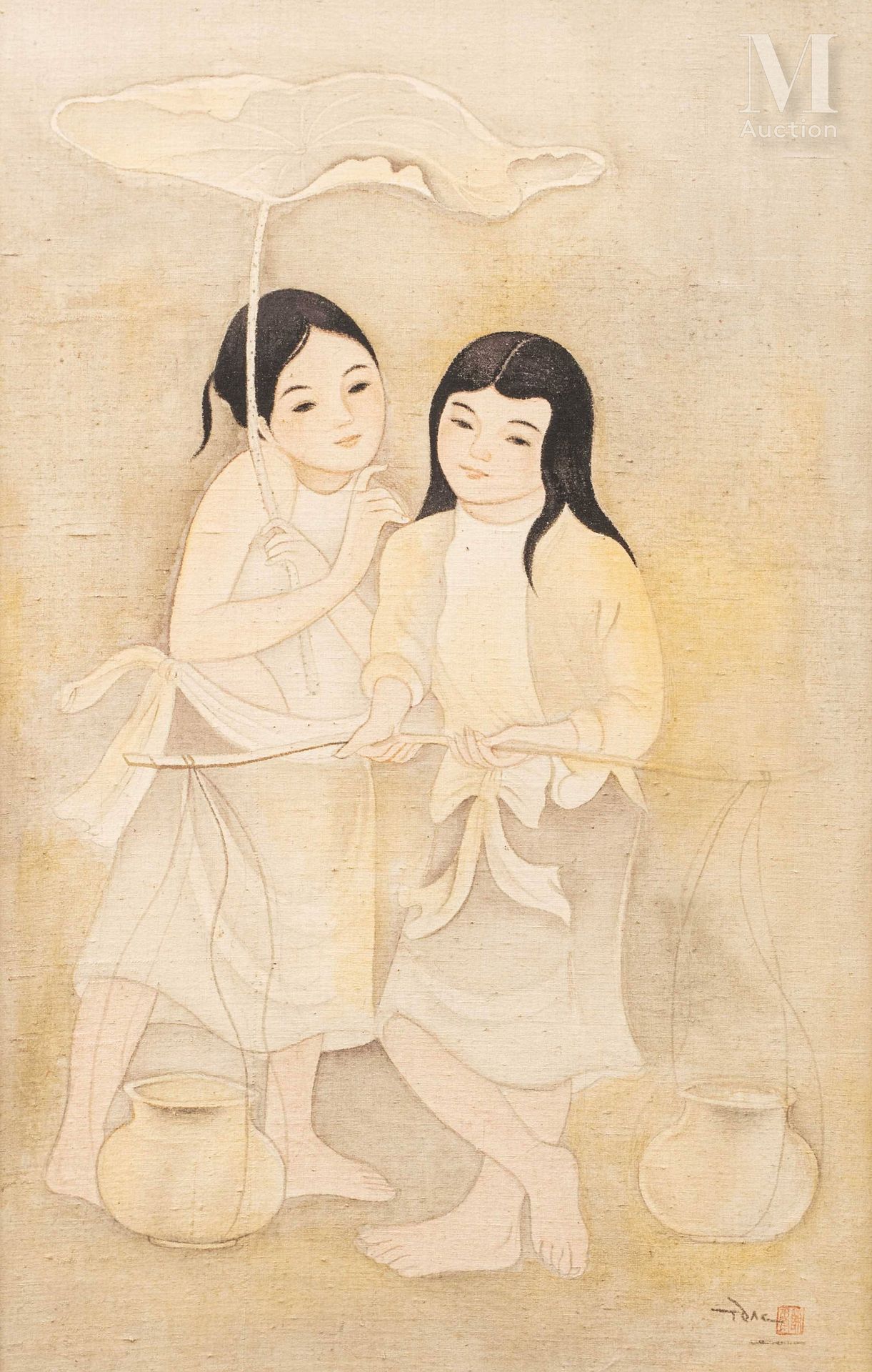 TRAN DAC (1922 - ?), Jeunes filles sous une feuille de lotus Ink and colors on s&hellip;