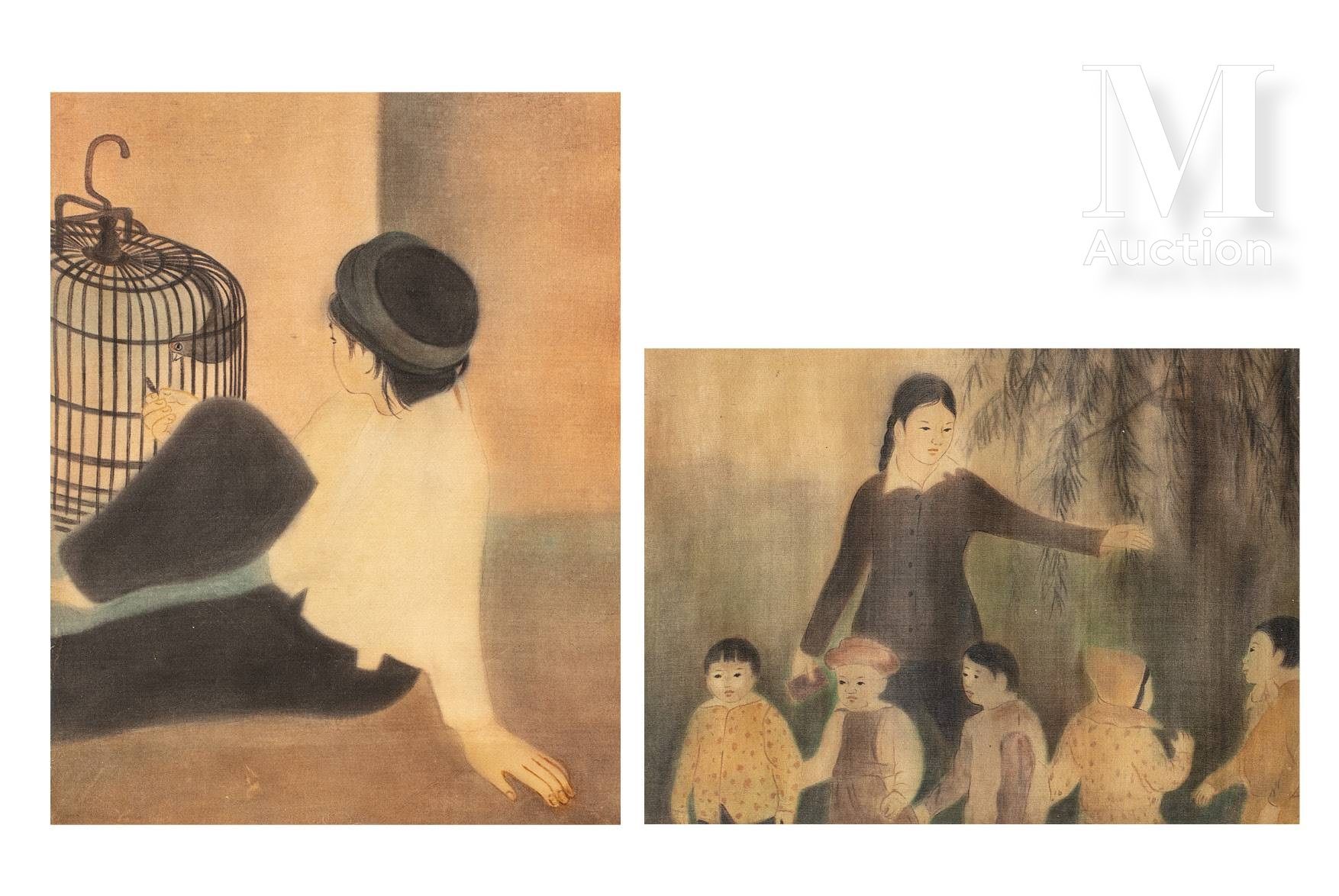 VIETNAM, XXe siècle, Ensemble de deux peintures sur soie 根据画家阮范昌的作品进行研究。

32 x 2&hellip;