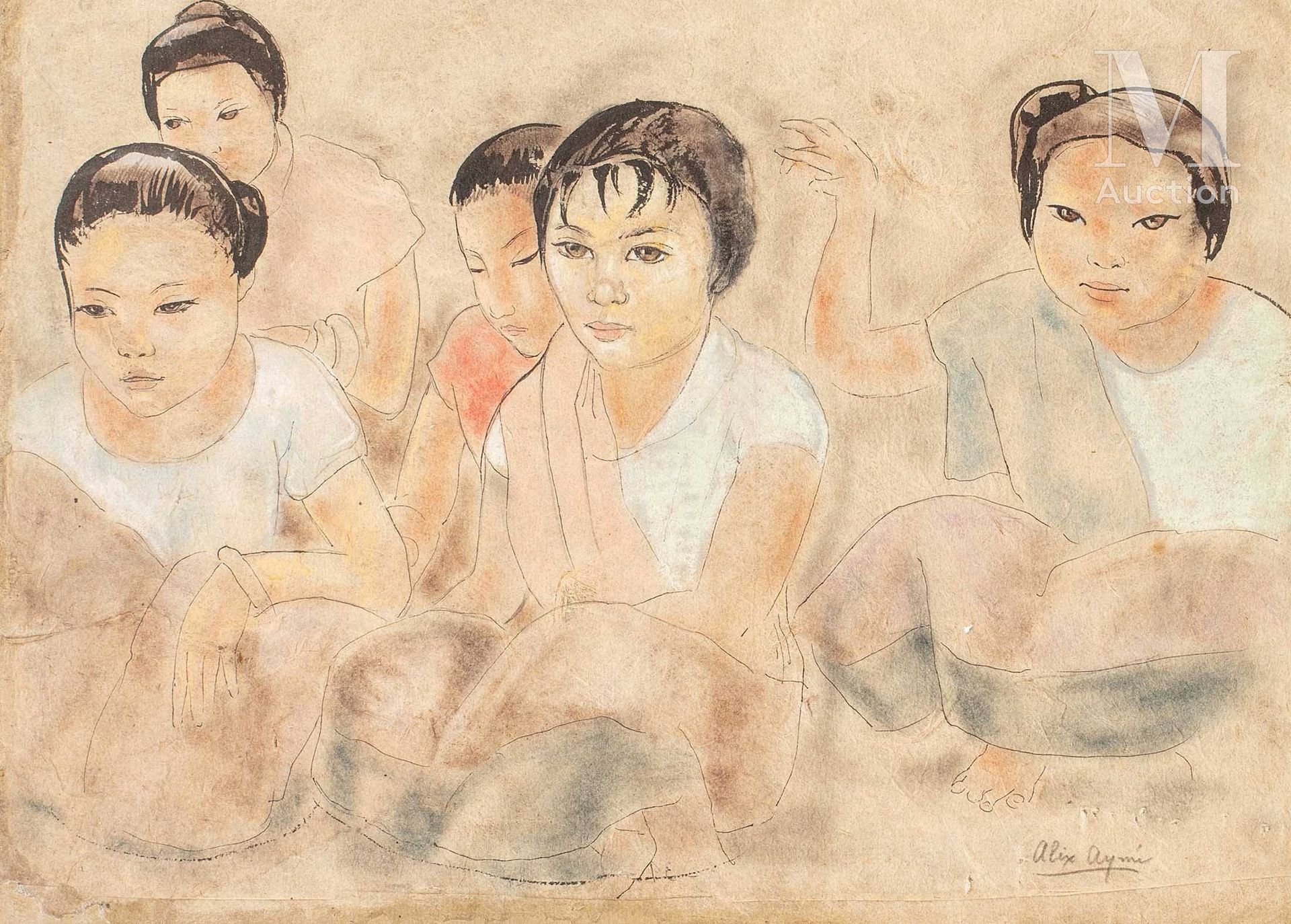 ALIX AYMÉ (1894-1989), Jeunes vietnamiennes Ink, watercolor and pencil on rice p&hellip;