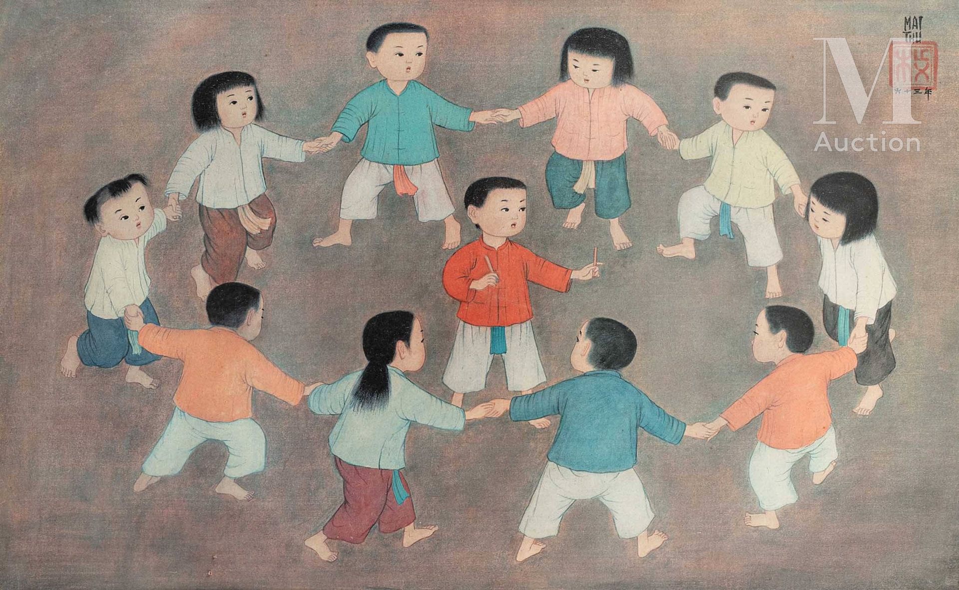 MAI TRUNG THU (1906-1980), d'après, La ronde des enfants 印刷在丝绸上

37 x 60 cm (展出中&hellip;