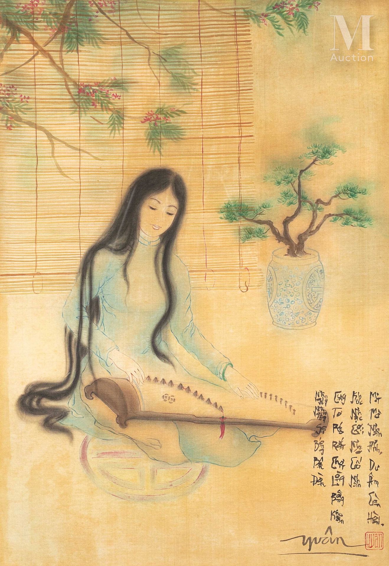 VIETNAM, XXe siècle, Femme jouant de la cithare (dàn tranh) Ink and color on sil&hellip;