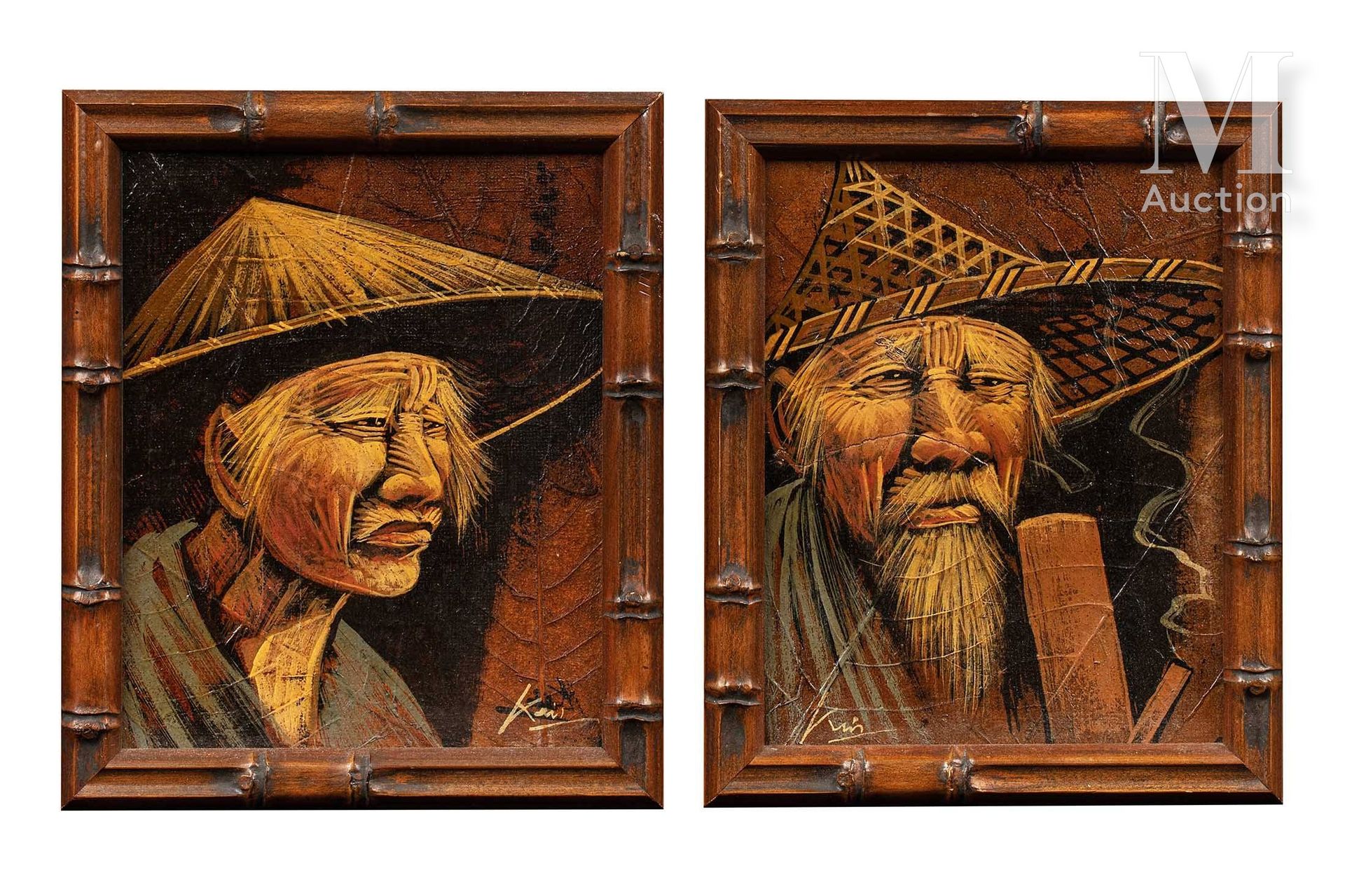 ECOLE ASIATIQUE, XXe siècle, Paire de peintures 每幅画都描绘了一个戴着传统竹笠的老人的肖像

布面油画

签名右&hellip;
