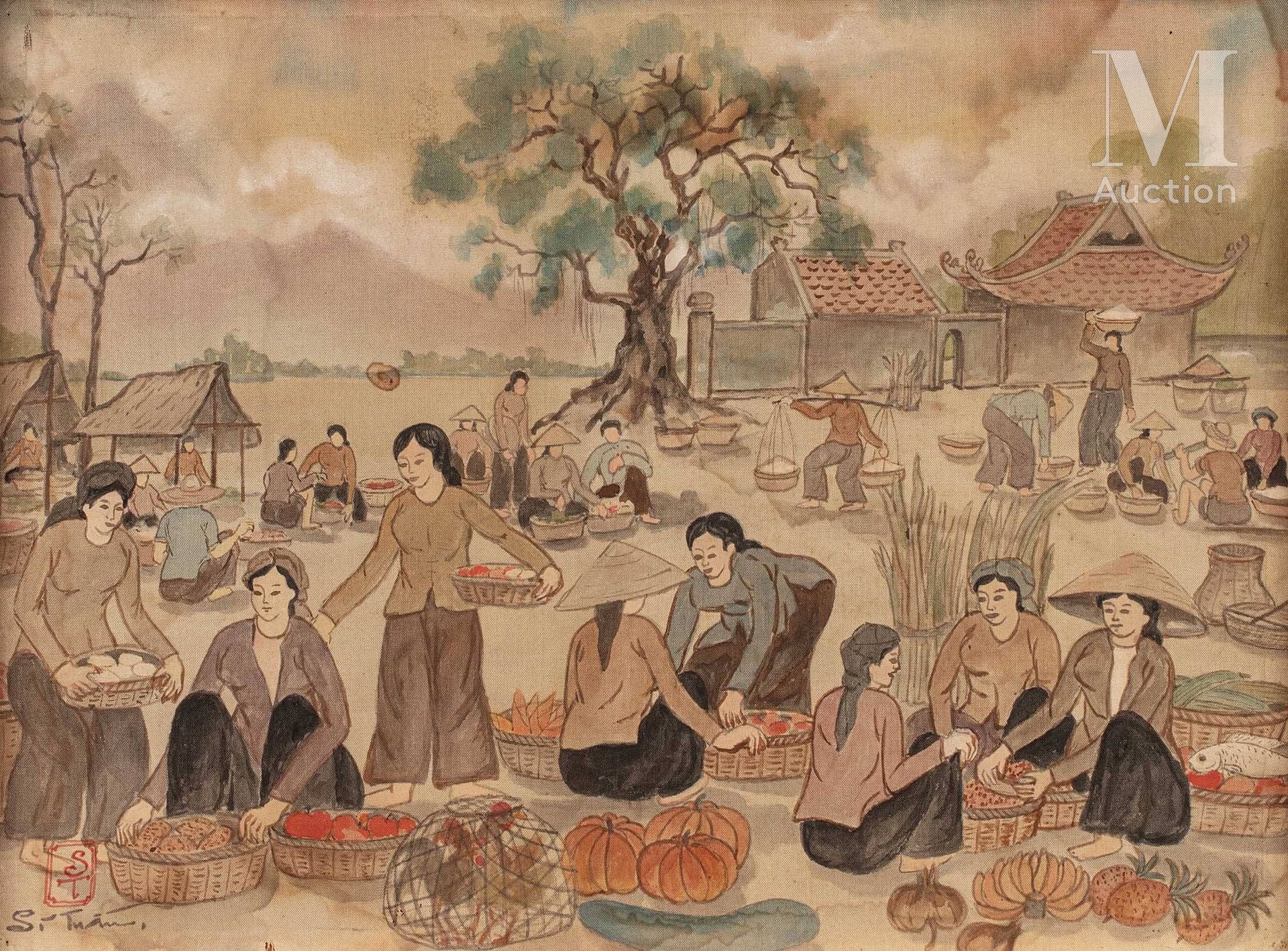VIETNAM, XXe siècle, Scène de marché 丝绸上的水墨和色彩

签名 "SI TUAN"，左下角有印章

31 x 41 厘米
