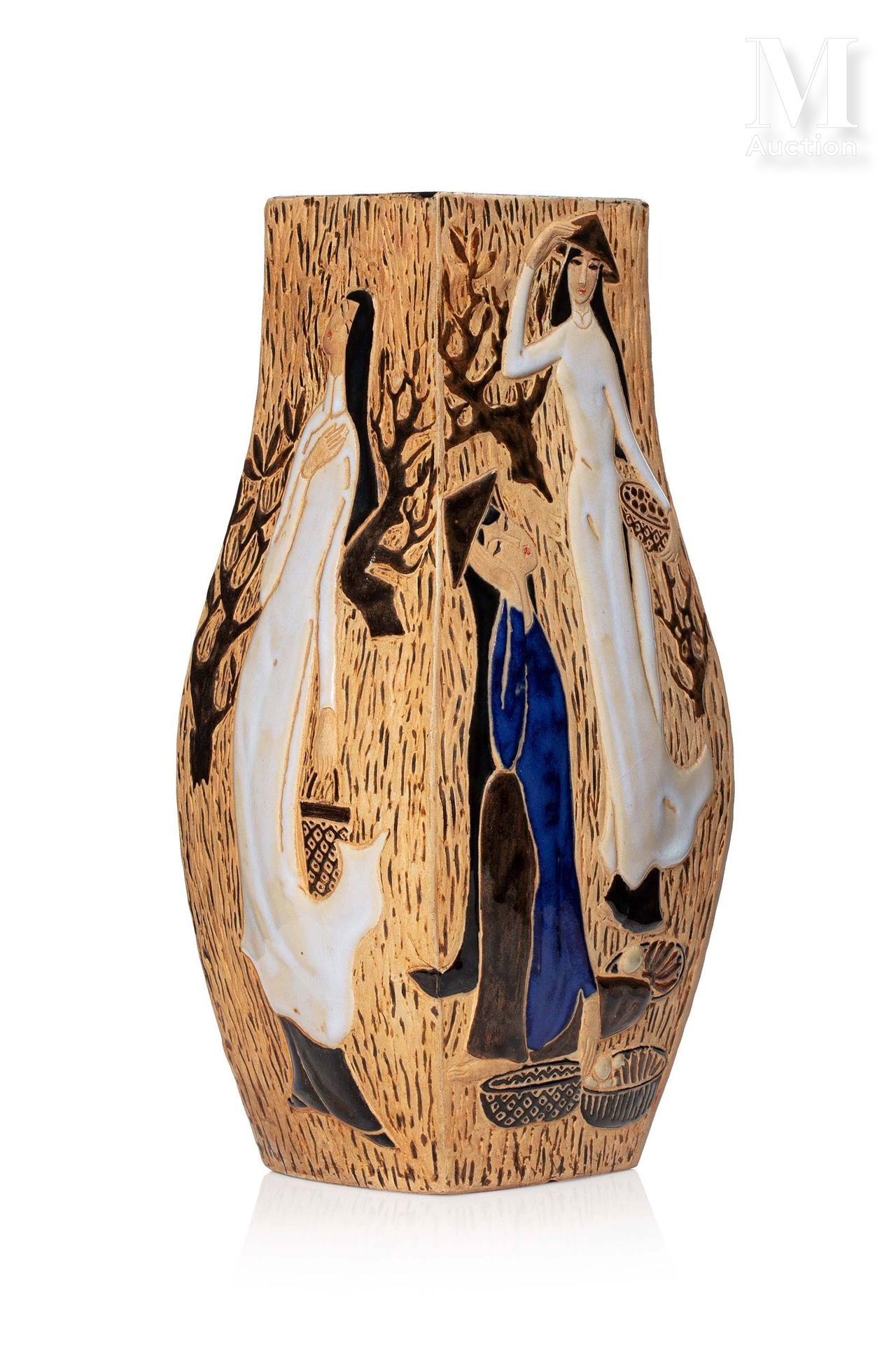 VIETNAM, XXe siècle, Élégant vase en grès de Bien Hoa 带有农民妇女的浮雕装饰

底座下的印记

在边华生产&hellip;