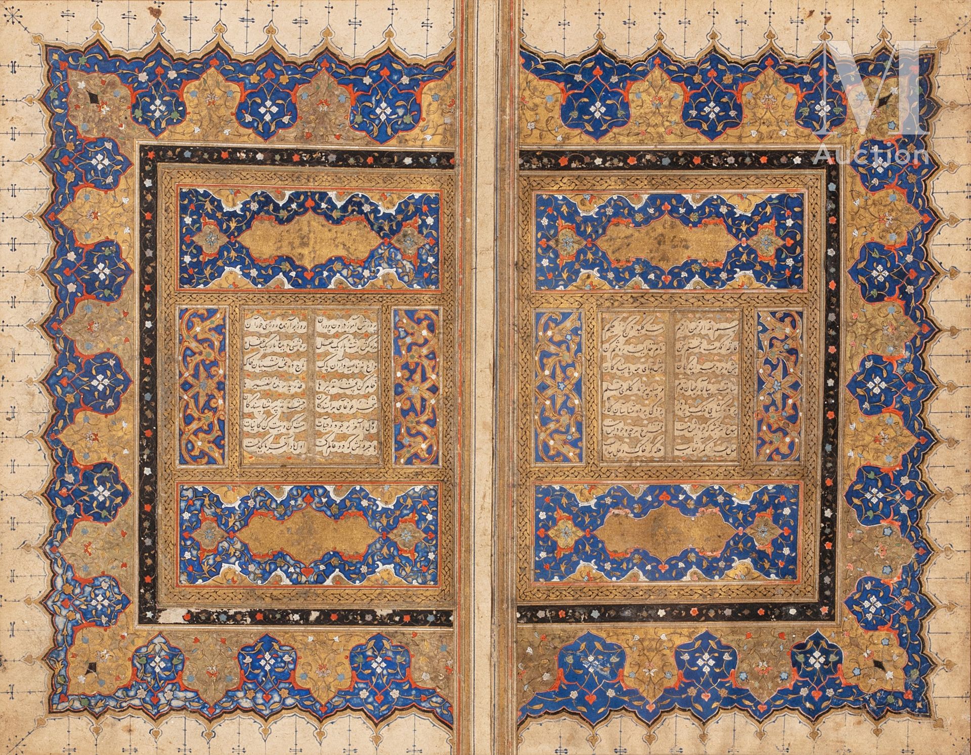 Frontispice de poésie persane 伊朗，16世纪

一本有照明的诗集的双叶，构成了封面，有黄金、青金石蓝、黑色和橙色的多色装饰。文字被&hellip;