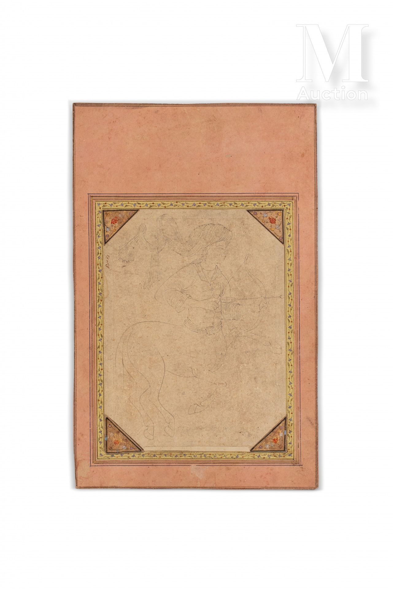 Archer centaure 伊朗，Behzad风格，19世纪

纸上水墨，装在相册页面上，显示一个半人马正要射箭。它被黄色背景上的花卉楣板所框住。四个镀金背&hellip;