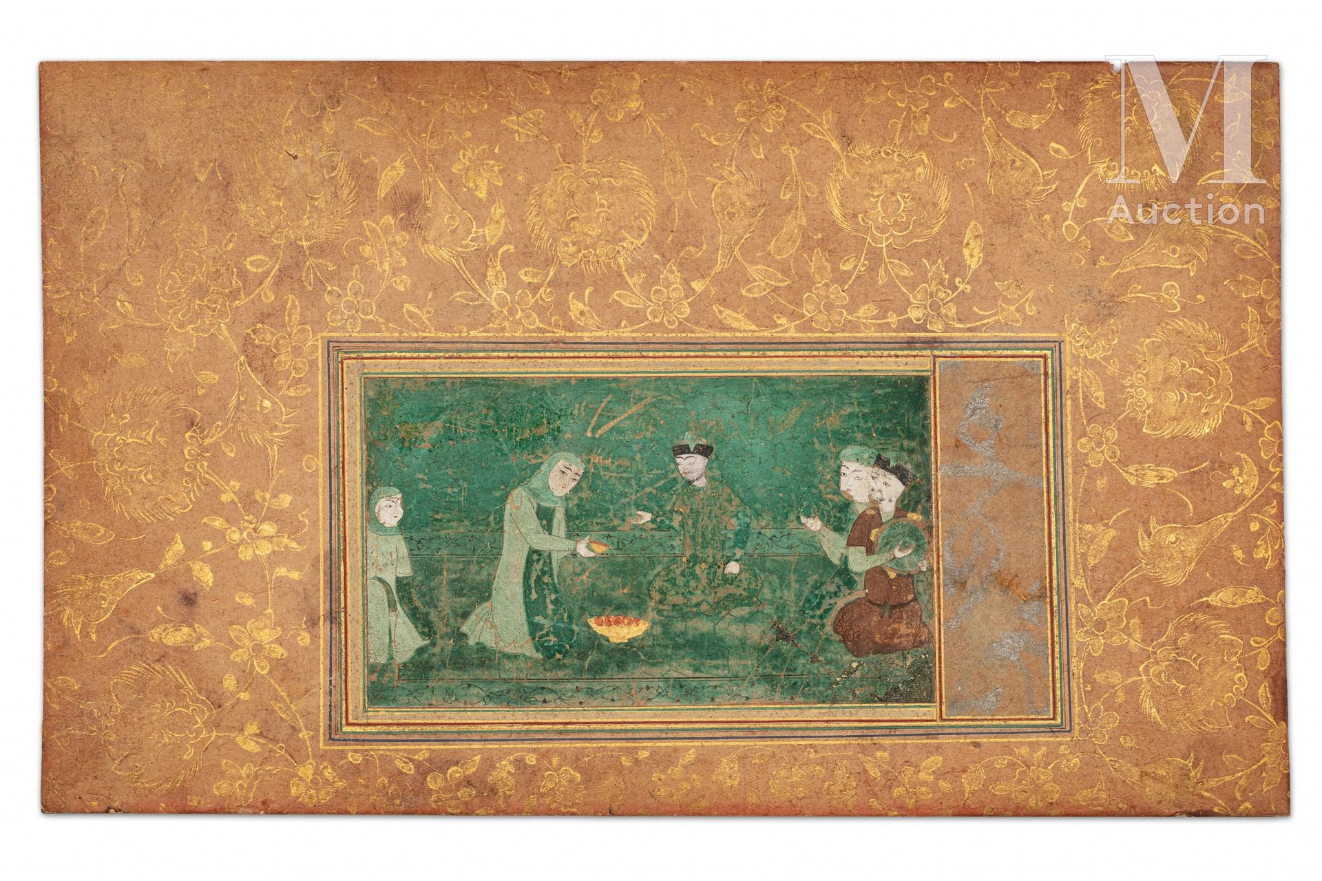 Miniature timouride 伊朗，15世纪

册页由宽大的金色钢印边框的微型画组成。这幅画描绘了一位君主，一位妇女向他赠送了一个酒杯；他身后站着两位&hellip;