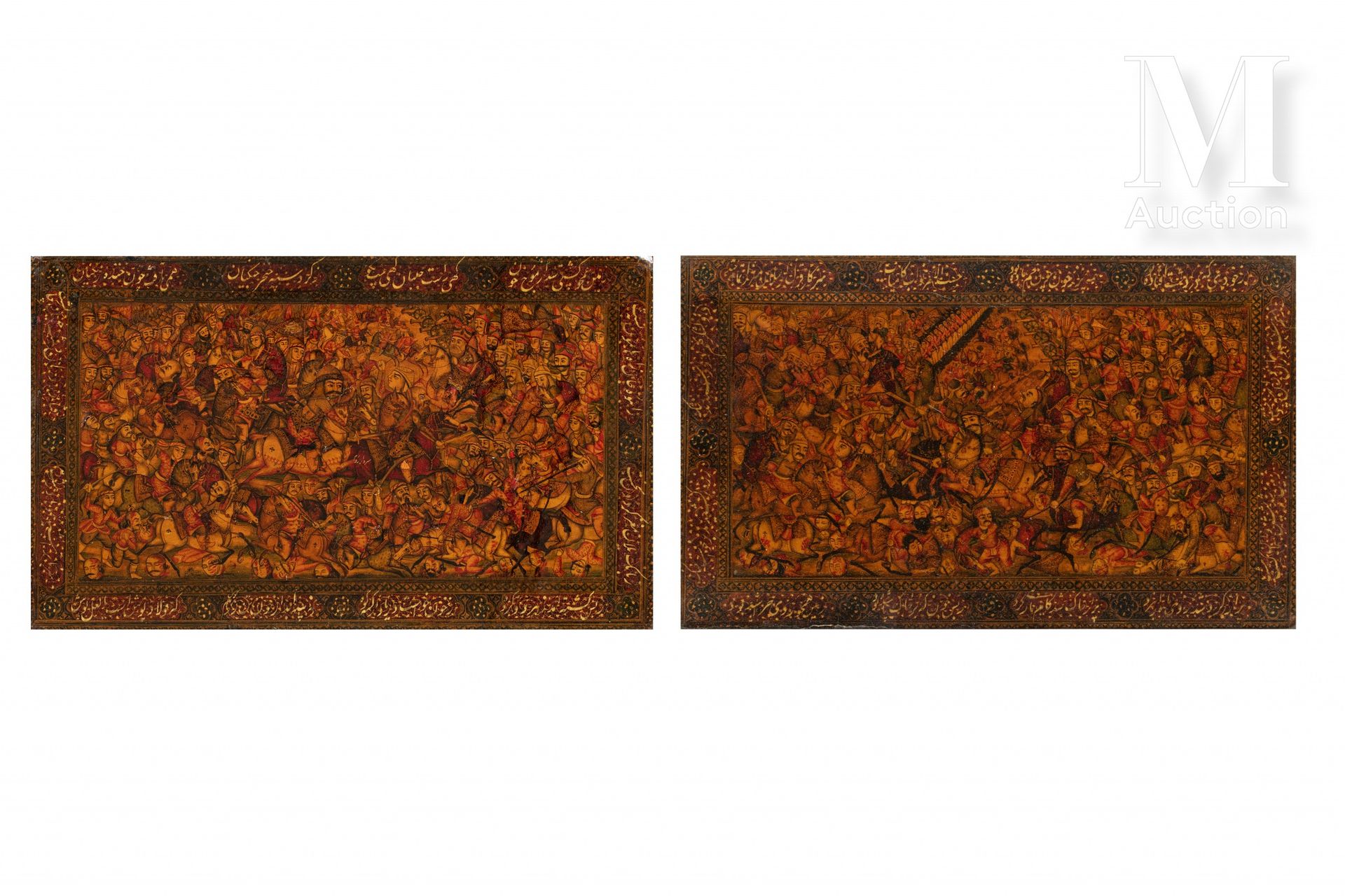 Deux plats de reliure qâjâr 伊朗，约1880年

漆面纸糊盘子，多色装饰用黄金加强，装饰有一个带有传说的战斗场景，用白色 "nast&hellip;