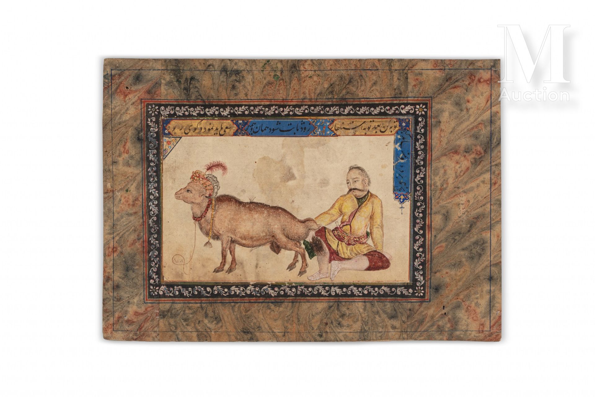 Bêlier et son jeune maître 伊朗，约1800年，萨法维风格

水彩和铅笔在vergeure纸上。画作安装在相册页面上，有宽大的ebru&hellip;