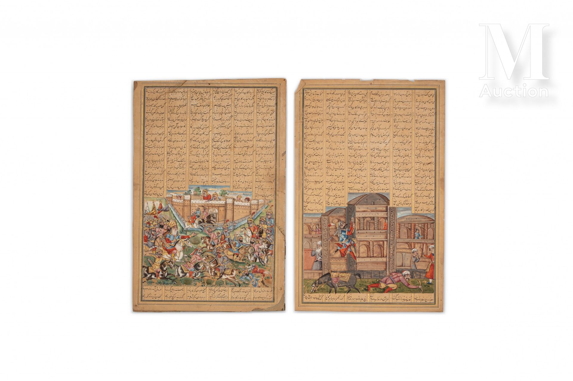 Livre des rois - Shahnameh 伊朗，约1800年

两页波斯手稿，摘自《王书》，用黑色 "nasta'liq "的精细书法写在六根柱子上&hellip;