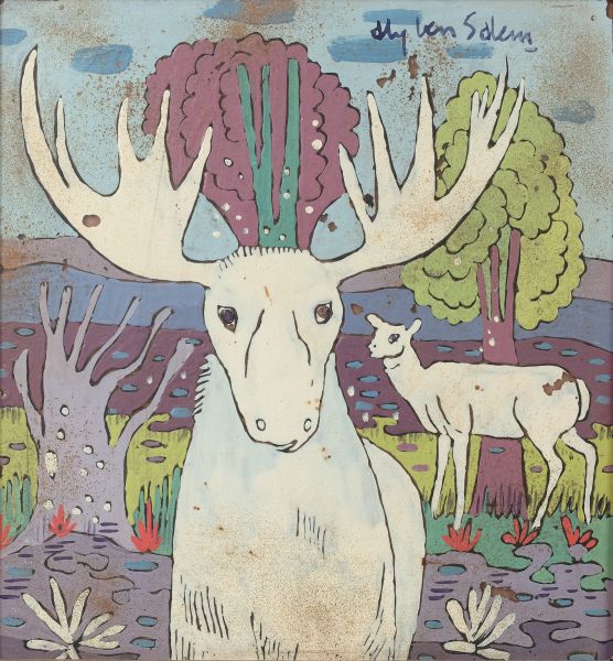 Ben SALEM Aly (Tunis 1910 - Stockholm 2001) 驯鹿

玻璃上的油彩

14,5x13厘米

右上角有签名

在瑞典（艺&hellip;