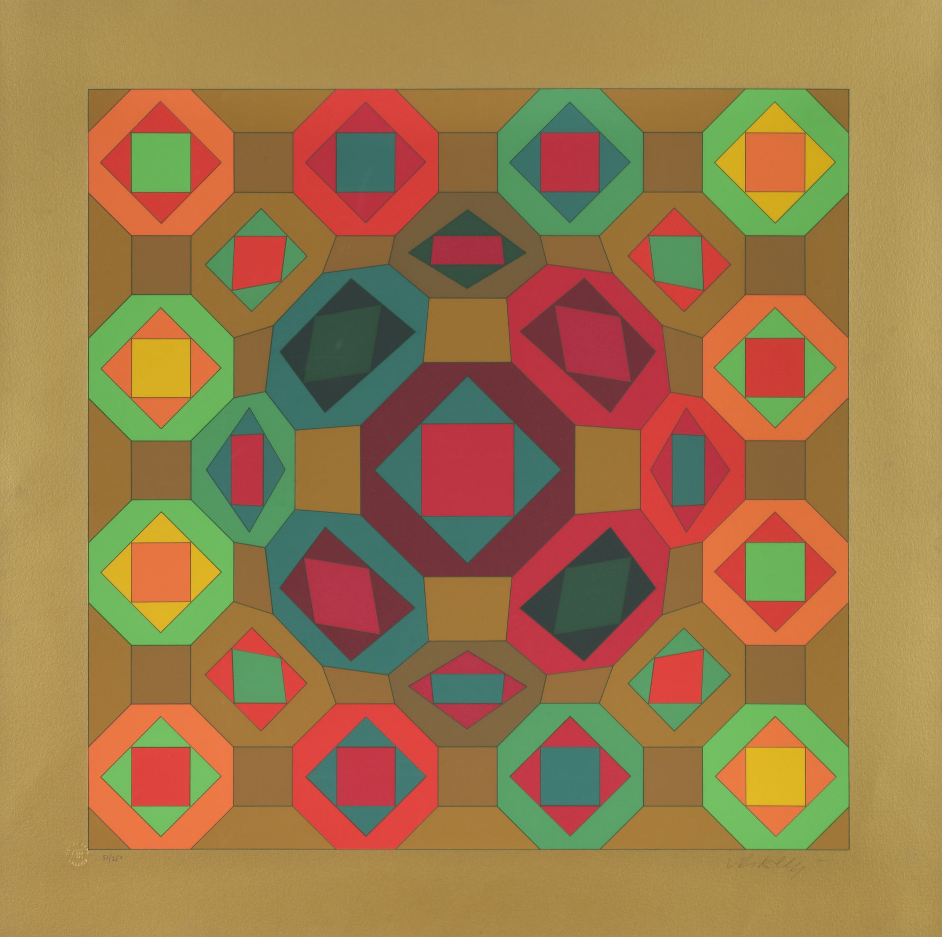 Victor VASARELY (1908-1997) 
Silkscreen in colours on gold paper, signed and num&hellip;